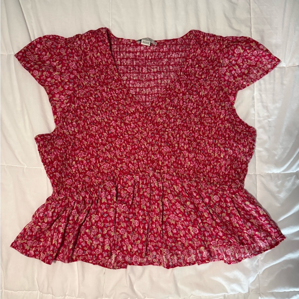 American Eagle Outfitters Pink Floral Smocked Peplum Top